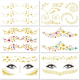 Face Tattoo Stickers, 6 Sheets Face Temporary Tattoos, Glitter Metallic Tattoo, Golden Glitter Tattoo Stickers, Gold Flash Makeup Tattoo Stickers, Face Glitter