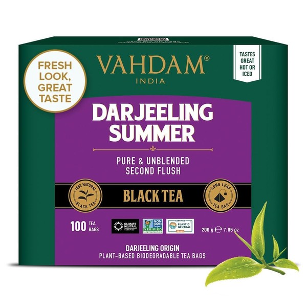 VAHDAM, Darjeeling bolsas de té negro 100 unidades – Aromático y delicioso té Darjeeling | té de desayuno | bolsas de té negro tamaño familiar | cafeína media, té de alta energía | té caliente, helado o kombhucha