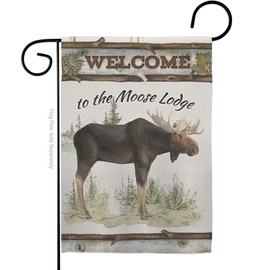 The Moose Lodge Garden Flag Outdoor Rustic Lake Cabin Wildlife Adventure Forest Small Decorative Gift Yard House Banner Made In USA 13 X 18.5