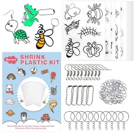 Warckon 145Pcs Shrink Plastic Sheets Kit Include 15Pcs Shrinky Plastic Sheets Paper and 5Pcs Traceable Picture 125 PCS Keychains Accessories, for Kids Creative Craft