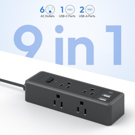 NTONPOWER Extension Cord 5 ft, Flat Plug Power Strip Surge Protector 1080 Joules with 6 Widely Outlets 3 USB (1 USB C), Flat Extension Cord for Home Office Dorm Room Essentials