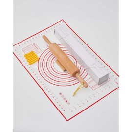 VINOIL Classic Wood Rolling Pin, 17" Rolling Pins for Baking with Silicone Mat and Adjustable Thickness Rings, Pasta Roller with Wood Base, Fondant Roller for Pie Crust, Cookies, Pizza Dough and Bread