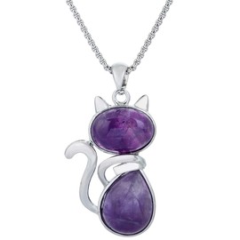 mookaitedecor Purple Amethyst Crystal Cat Pendant Necklace Women Men, Semi Precious Stone Healing Crystal Necklace Animal Kitty Kitten Jewellery Gift for Cat Lovers Mum Daughter Girl Chakra Amulet