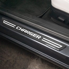 iPick Image Compatible with Dodge Charger Black Real Carbon Fiber 4 Pcs Universal Car Door Sill Step Protector Kick Plates, Set of 4