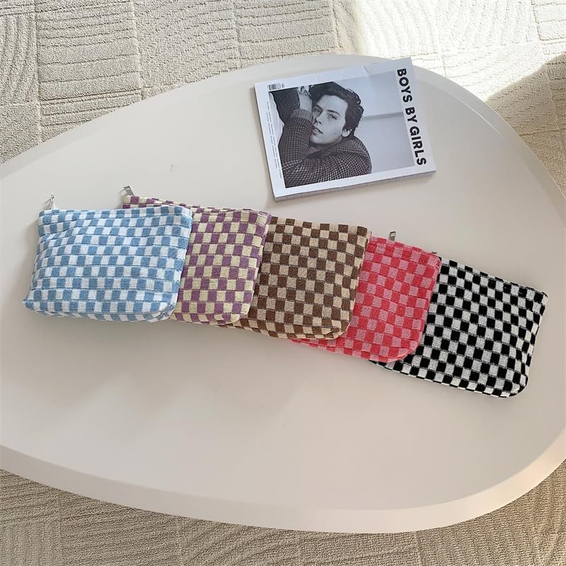 PAZIMIIK Knitted Checkered Makeup Bag Large Zipper Make Up Accessory