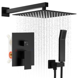 Black Shower Faucet Set, 10 inch Rain Shower System with Pressure Balance Valve, Wall Mounted 2-Functions Bathroom Shower Systems with Rain Shower and Handheld Spray Shower Trim Included