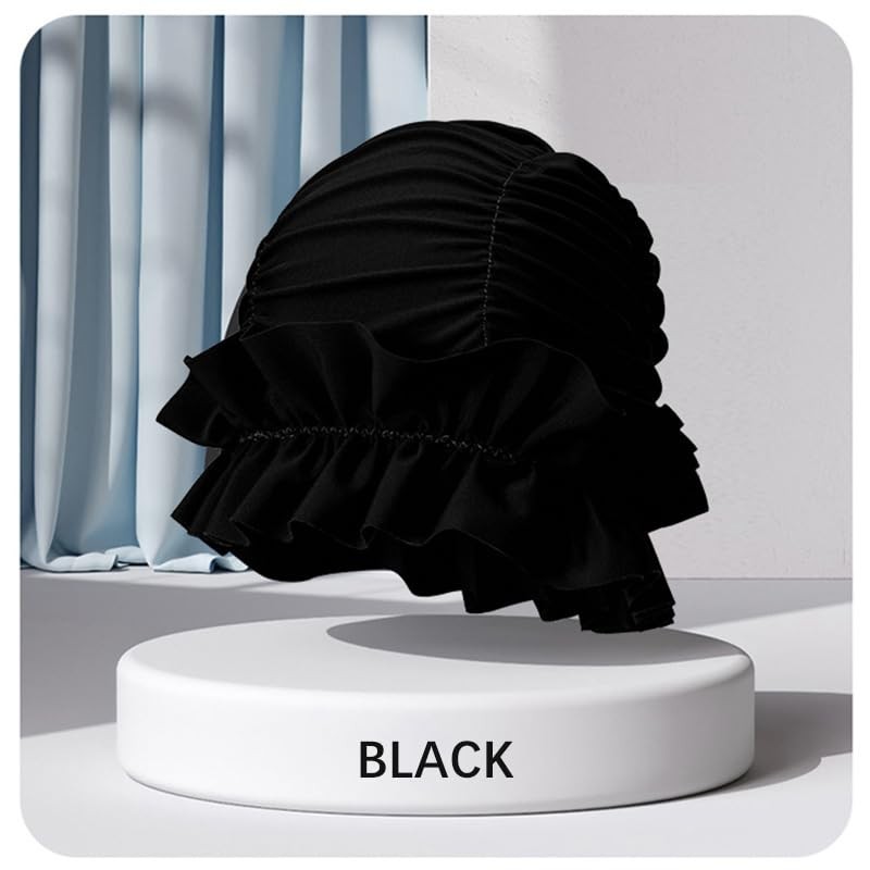 aoozleny Swimming Cap Quick Drying Ruffled Edge Black Swimming Cap