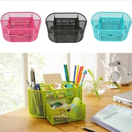 Mesh Desk Organiser, Pen Holder with Drawer, Multipurpose Metal Stationery Storage, Desk Organiser, Office Organizer for School and Home (Blue)
