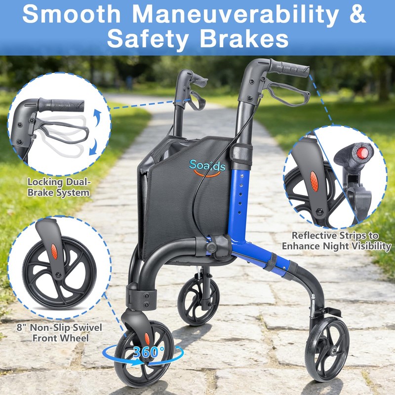 Soaids 3 Wheel Walkers for Seniors, Lightweight Foldable Rolling Rollator