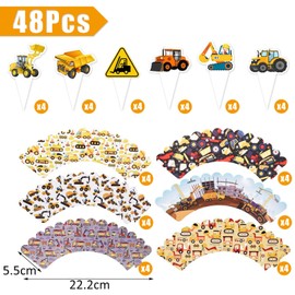 Bymivofun Pack of 48 Digger Cupcake Toppers, Digger Cupcake Wrapper, Construction Vehicles Cupcake Decoration, for Children, Boys, Children's Birthday Party Decoration