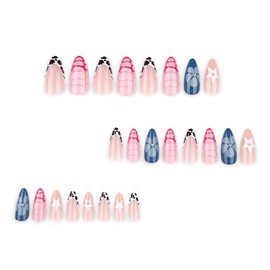 Almond Press on Nails Medium Fake Nails Blue Nails Press ons with Star,Leopard Print,Flower,Crocodile Designs Reusable Acrylic Nail Full Cover Glue on Nail Stick on Nails for Women Manicure 24Pcs