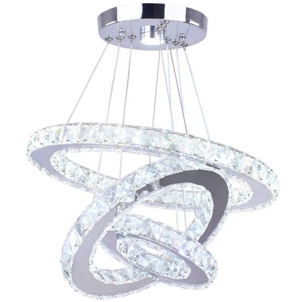 Winretro Modern LED Chandeliers Crystal Chandelier 3 Ring Round Pendant Lighting Adjustable Stainless Steel Ceiling Light Fixture for Living Room Dining Room Bedroom