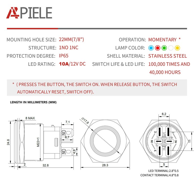 APIELE 10 Amp 22mm Momentary Push Button Switch 12V Angel