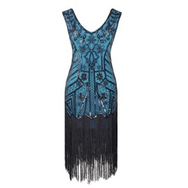 20s Flapper Gatsby Sequin Beaded Evening Cocktail Dress with Accessories Set (Small, Style02-Black&Blue)