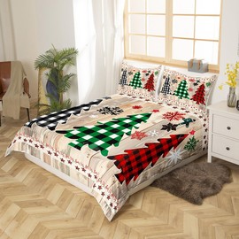 Manfei Xmas Plaid Trees Duvet Cover Set Twin Size, Western Texas Star Bedding Set 2pcs for Kids Boys Girls, Christmas Theme Comforter Cover Wooden Plank Quilt Cover with 1 Pillowcase,No Comforter