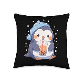 Kawaii Penguin Boba and Penguins Shop Kawaii Drinks Bubble Tea Penguins Boba Throw Pillow, 16x16, Multicolor
