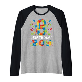 Kids 8 Years Old Building Blocks Builder 8th Birthday Boys Raglan Baseball Tee