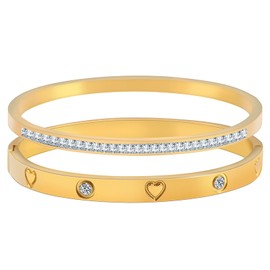 Camhanno Gold Bracelet for Women - 2Pcs 18K Gold Plated Crystal Love Bangle Friendship Stack Bracelet Bangle for Her., Medium, Stainless Steel, Rhinestone