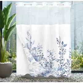 Tititex No Hooks Snap in Liner Serenity Lake Blue Eucalyptus Leaves Shower Curtain Sets, Hotel Luxury Double Layers Waterproof Fabric & See-Through Top Window Bathroom Decorative 72x72 Inch