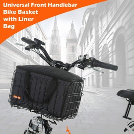 Onway Bike Basket for Women Folding Front Handlebar and Rear Rack Bicycle Basket with Bike Basket Canvas Liner Bag, Black