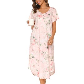 YOZLY Nightgowns for Women Short Sleeve Long Night Gowns Soft V Neck Sleepwear with Pockets, Floral Pink, XXX-Large