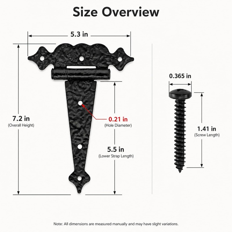 6 Inch Decorative Hammered Tee Hinge, 2 Pack Black Heavy