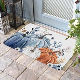 Fall Doormat Watercolor Pumpkin Welcome Mat Entrance Floor Mat Autumn Blue Leaves Seasonal Autumn Harvest Thanksgiving Door Mat Indoor Outdoor Entrance Floor Mat Non Slip Rubber Mat 18 x 30 inch