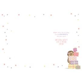 Words 'n' Wishes Lovely Friend Birthday Card - Happy Birthday Card with a Hedgehog and Presents Design with Foil Details - Birthday Card for Women/Girls