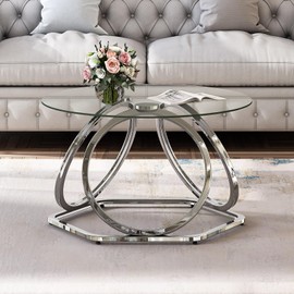 O&K FURNITURE Glass Coffee Table, Modern Silver Coffee Table Living Room Table with Hexagonal Base, Round Coffee Table for Home&Office, Chrome Finish, 1 PC