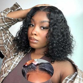 Ablvari Glueless Bob Wigs Human Hair 4x4 Water Wave Closure Bob Wig Human Hair Wear and Go Glueless Wig Pre Plucked Pre Cut Wig Human Hair Natural Hairline 180% Density （14inch）