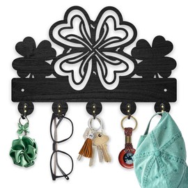 MAYJOYDIY Wooden Lucky Clover Key Holder 30 x 20 cm Four-Leaf Clover Wall Mounted Key Hooks Clothes Hanger Rack with 5 Alloy Hooks for St. Patrick's Day Front Door Kitchen Decor