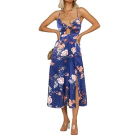 Fashionme Vestido midi de satén con tirantes delgados para mujer, con lazo frontal, espalda descubierta, vestido hueco, Azul oscuro, XXL