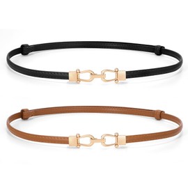 2 Pack WHIPPY Women Skinny Leather Belt Adjustable Thin Waist Belt Fashion Buckle Belt for Dress,Black+Brown,Fit Waist Size Up to 37 Inches