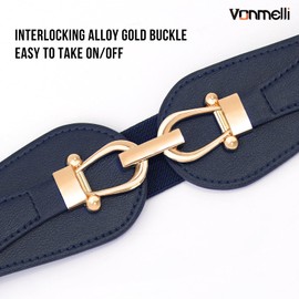 VONMELLI Wide Elastic Belts for Women Stretch Ladies Waist Belt Fashion Gold Buckle, Vintage Thick Blue Womens Belts for Dress, M