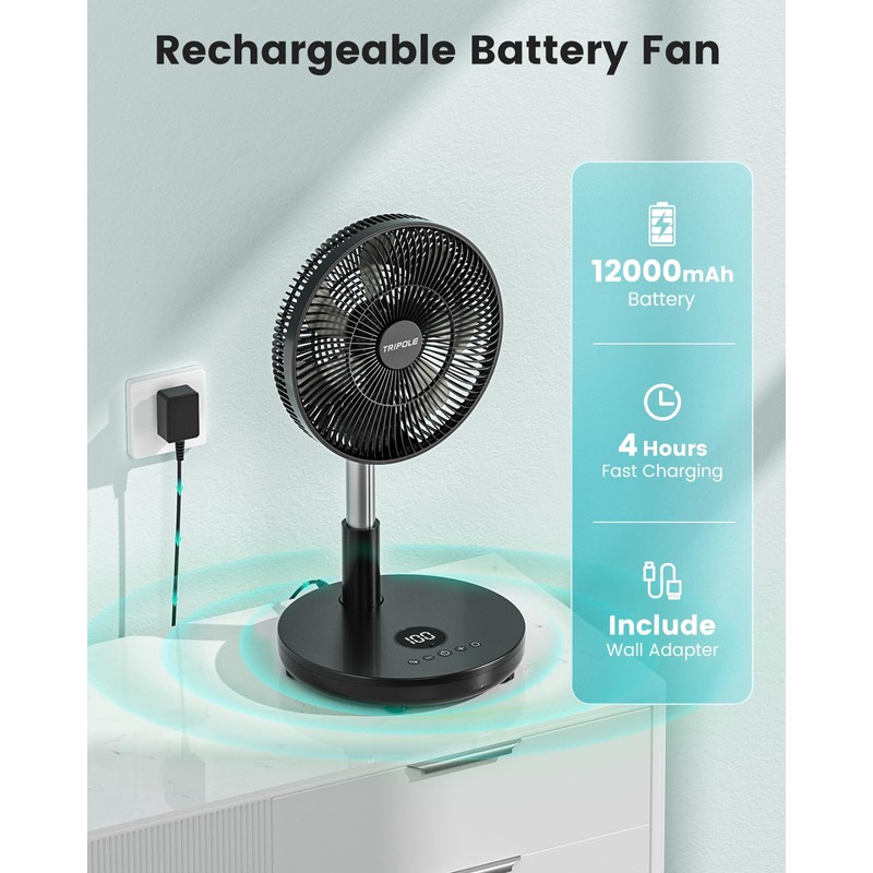 TriPole Foldable Standing Fan 12" Portable Rechargeable Battery Pedestal Fan