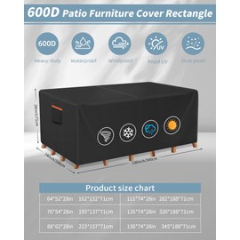 BRUXOLAY Outdoor Waterproof Furniture Cover, 136W x 74L x 28H inches Heavy Duty 600D Rectangular Table and Chair Set Protection, Black