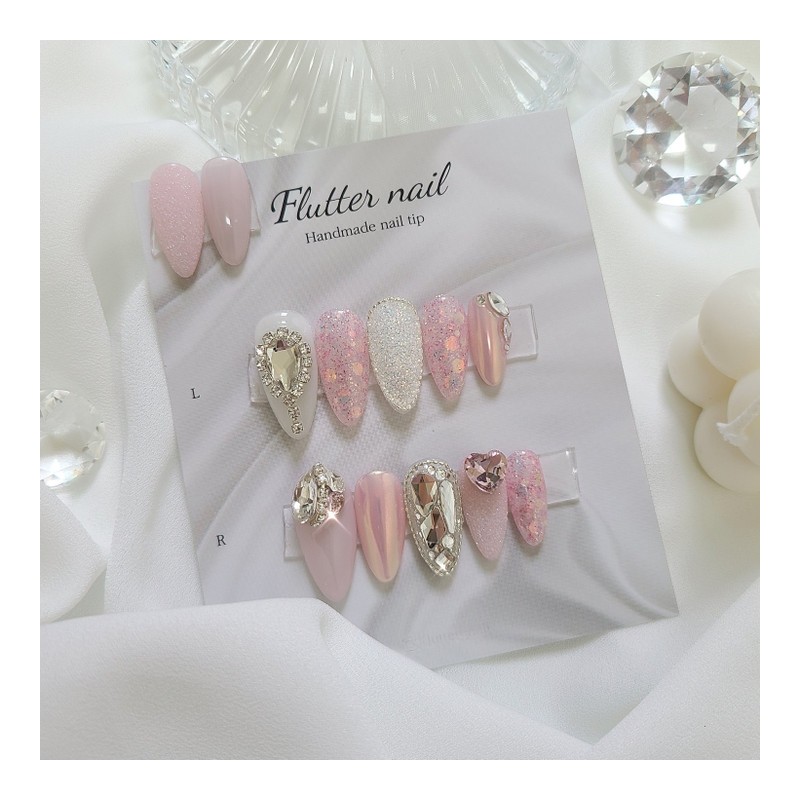 Lovely pink glitter full stone handmade nail tip - Long