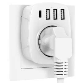 USB Socket, Gogotool Sockets with 3 USB Chargers (2.4A) and 1 Type C Port (3A), 5-in-1 Socket Adapter with USB Charger, Wall Sockets Adapter for Household Device, Smartphone, MP3, PC (White)