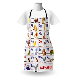 Ambesonne Cartoon Apron, Animals and Initial Letters Alphabet Themed Illustration Colorful Wording Print, Unisex Kitchen Bib with Adjustable Neck for Cooking Gardening, Adult Size, Multicolor