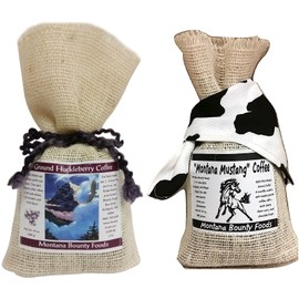 Montana Huckleberry Ground Coffee Mustang - Columbian Arabic Coffee - 2 Pack Gift-Set From Bounty Foods in our Western Style Burlap Bags - Enjoy a Traditional American Breakfast Experience (2PK Cof)