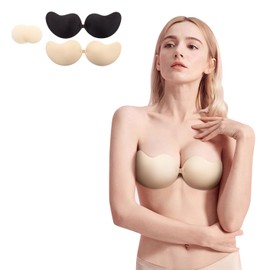 3Pcs Adhesive Strapless Bra for Women, Sticky Invisible Push up Silicone,Gathered top Support Revealing Large Bra, Suitable for Backless Dresses（2 Styles） Clear