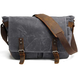 Men's Canvas Leather Messenger Bag Shoulder Crossbody School Laptop Bag Satchel 14 Inch (M49_Dark Gray)