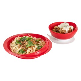 Restaurantware Suction Plate and Bowl Set 2-Piece 1 Pack of Red Plate and 1 Bowl Suction Dinnerware with High to Low Rim Hot & Cold Friendly for Elderly with Dementia, Parkinsons and Disabled
