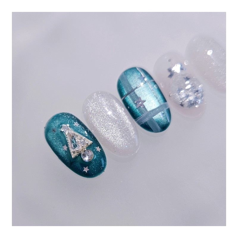Teal Green Winter Ornament Handmade Nail Tips - Almond Long
