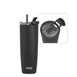 asobu Aqualina Stainless Steel Insulated Water Bottle with Interchangeable Hot and Cold Lid and Built in Straw (Black)