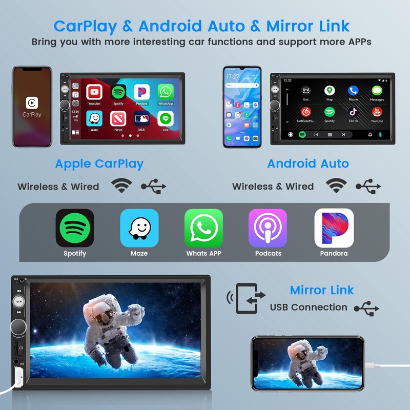HIKITY Double Din Wireless Apple CarPlay Car Stereo 7 Inch