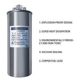 WELCAPAC 55+7.5 uF 55/7.5MFD ±6% 370V/440VAC CBB65 Dual Run Circular Start Capacitor for AC Motor Run or Fan Start or Condenser Straight (55+7.5 MFD)