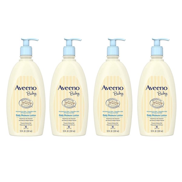 Aveeno Baby Daily Moisture Lotion with Natural Colloidal Oatmeal & Dimethicone, Fragrance-Free, 18 fl. Oz (Pack Of 4)