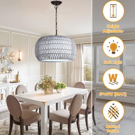 19" Rattan Farmhouse Chandelier Light Fixtures, 5-Light Boho Pendant Lights, Drum Style Chandeliers for Dining Room with Linen Shade, Hanging Light Fixtures for Kitchen Island Bedroom Ceiling Hall