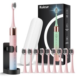 Kuicur Portable Electric Soft Toothbrush with Travel Case, 90-Day Largest Battery Life, 10 Brush Heads, 5 Modes Deep Clean, Ergonomically-Designed for Enhanced Comfort - Ideal Gift for Adults & Kids